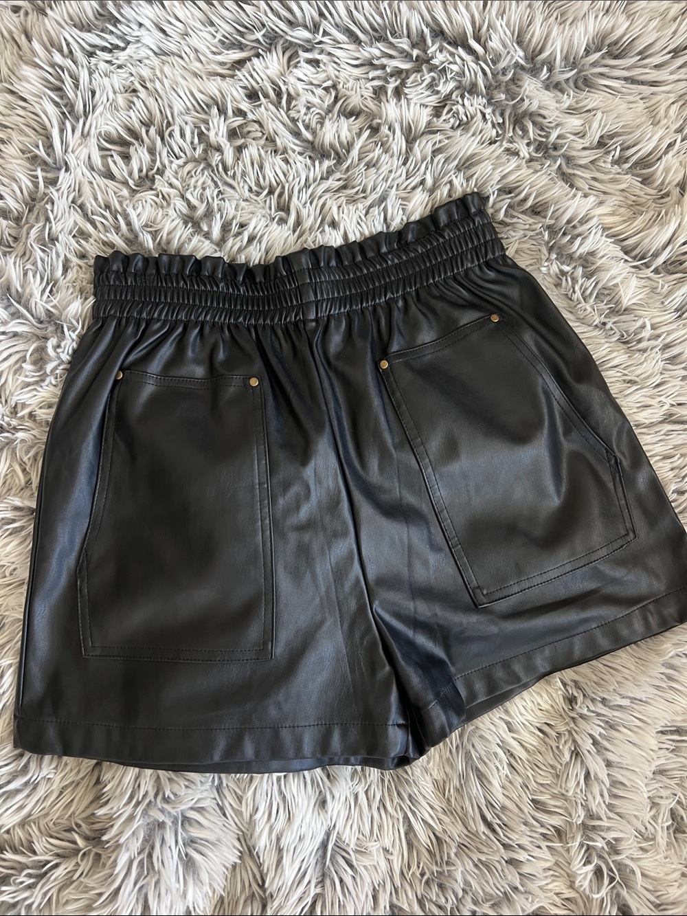 Black Faux Leather Waist Women's Shorts